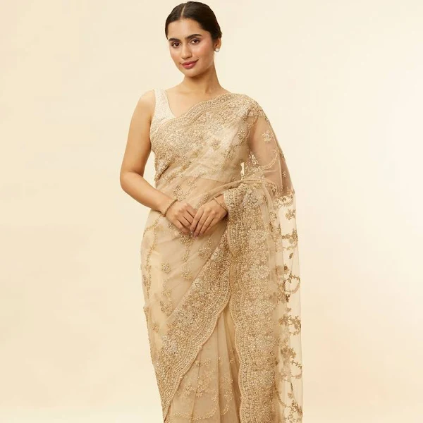 Mohey Beige Saree Bel Buti Pattern